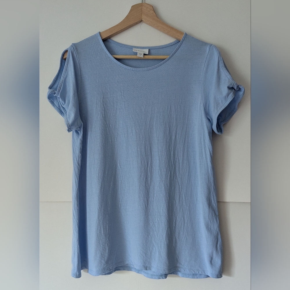 J. Jill Linen Blend Medium Periwinkle Blue Top w/ Cold Shoulder Short Sleeve